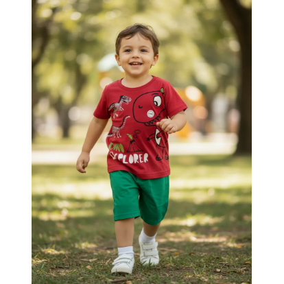 Conjunto Interativo Infantil Camiseta + Bermuda Que Muda De Estampa na Água - Estampa Dinossauro para Praia Piscina