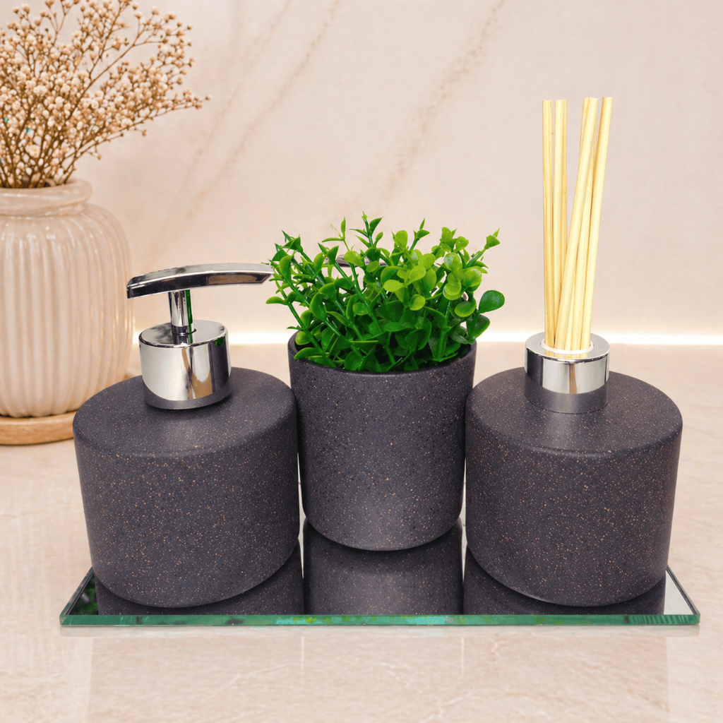 Kit Lavabo Picolo Marmorizado 250ml / Prata, Frasco De Vidro Para Difusor De Ambiente Bandeja