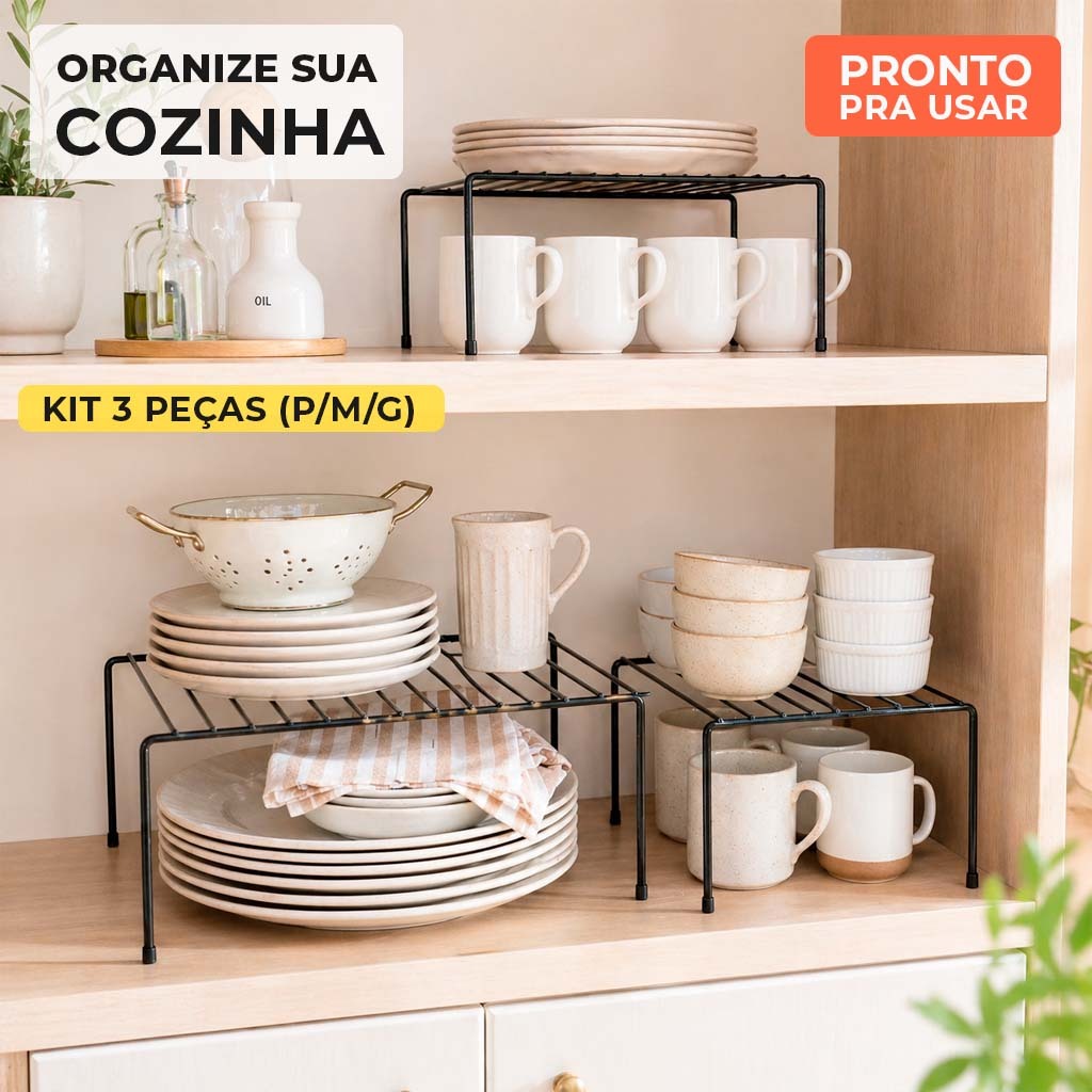 Kit Organizador de Armario 3 Pecas Suporte para Pratos e Xicaras Multiuso