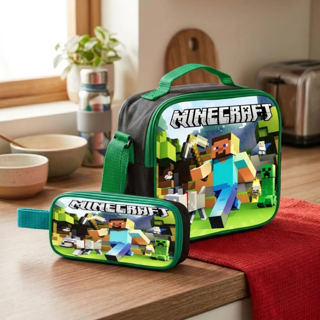Kit Lancheira Térmica E Estojo Infantil Minecraft