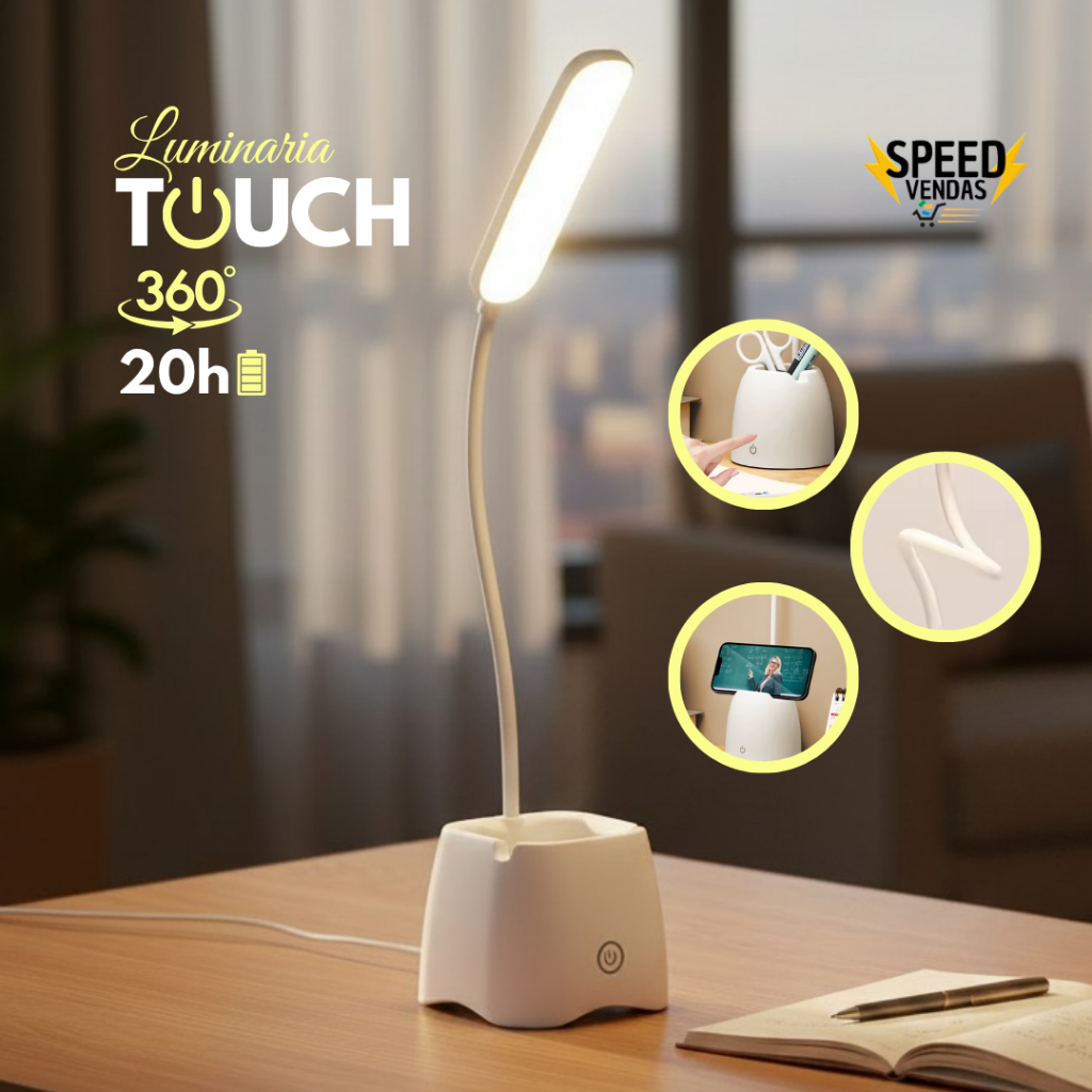 Luminária de Mesa Abajur Cabeceira Escrivaninha Touch LED 3 em 1 Recarregável Flexível