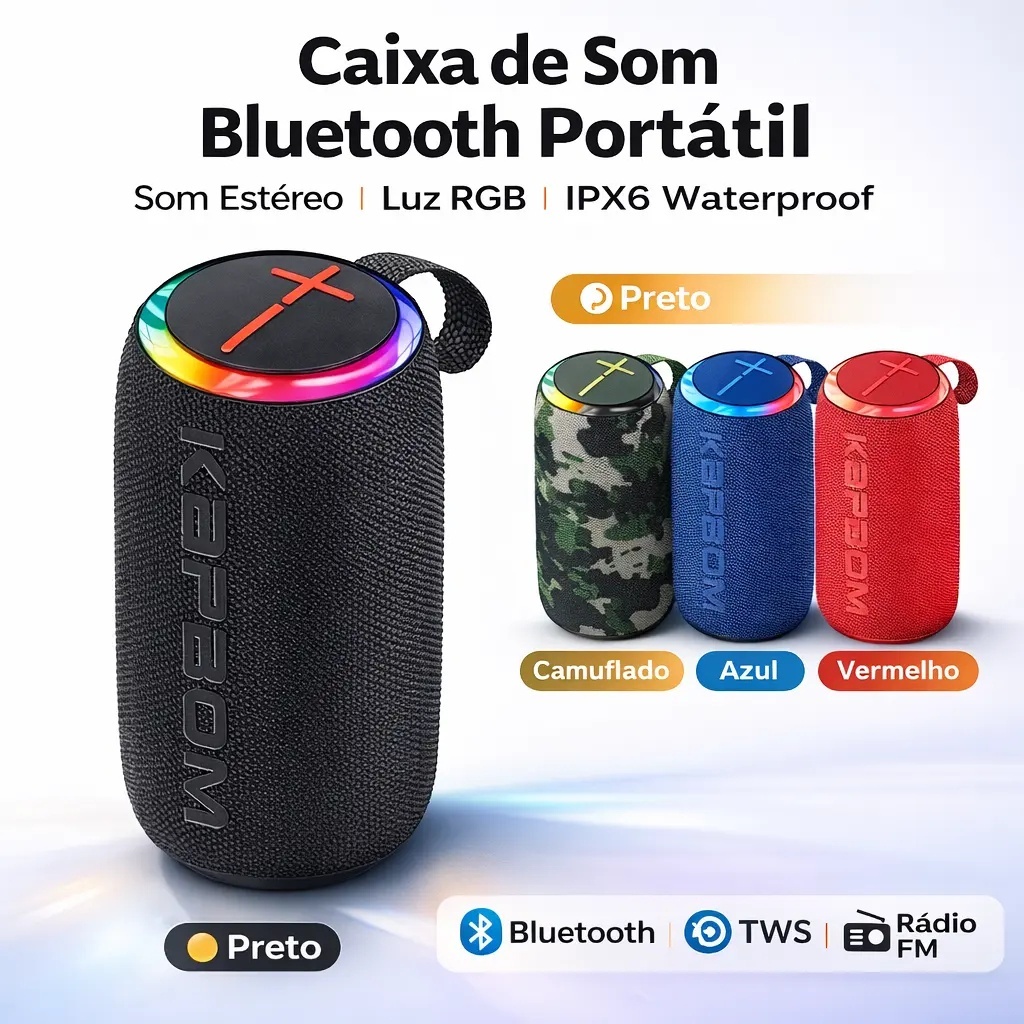 Caixa de Som Bluetooth 100W RGB Resistente Água IPX6 | Som Potente TWS/FM/USB/TF