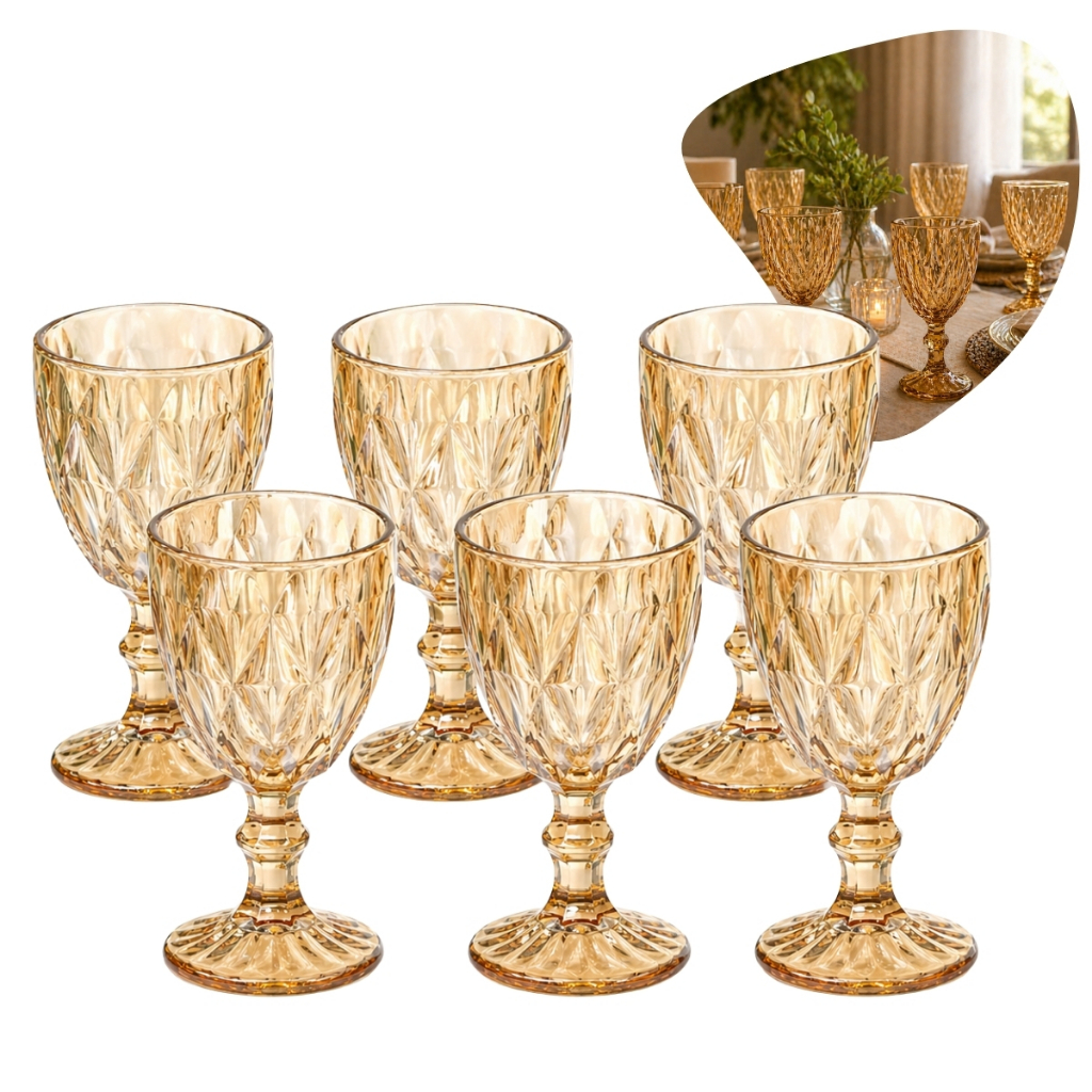 Jogo 6 Taças Diamond Âmbar 340ml Vidro Luxo Taça Vinho Água Festa Casamento