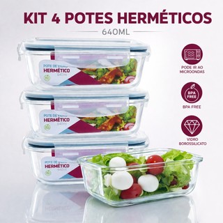 kit 4 Potes Vidro Hermetico 640ml Marmita Armazenamento Mantimento comida Organizador Tam…