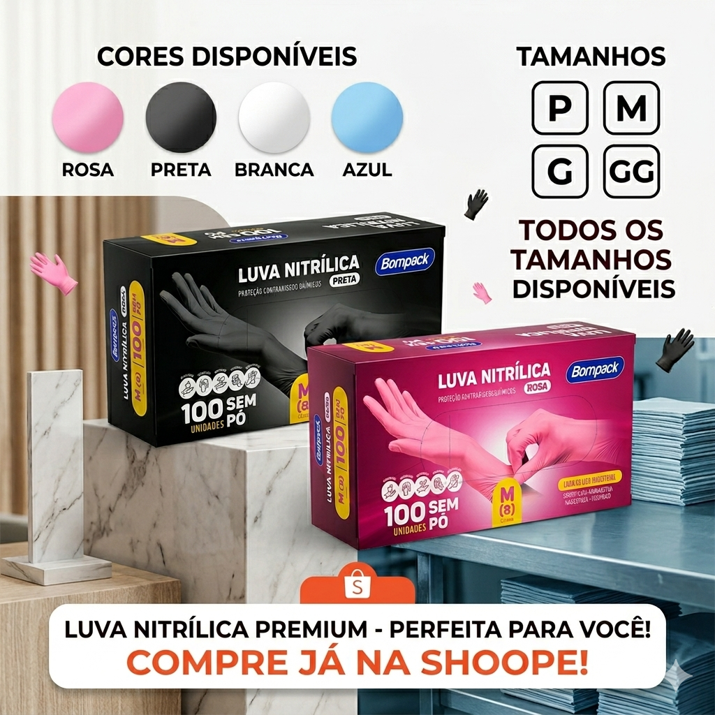 KIT 100 Luvas Nitrílicas Sem Pó Resistente Bompack nitrilo com certificado