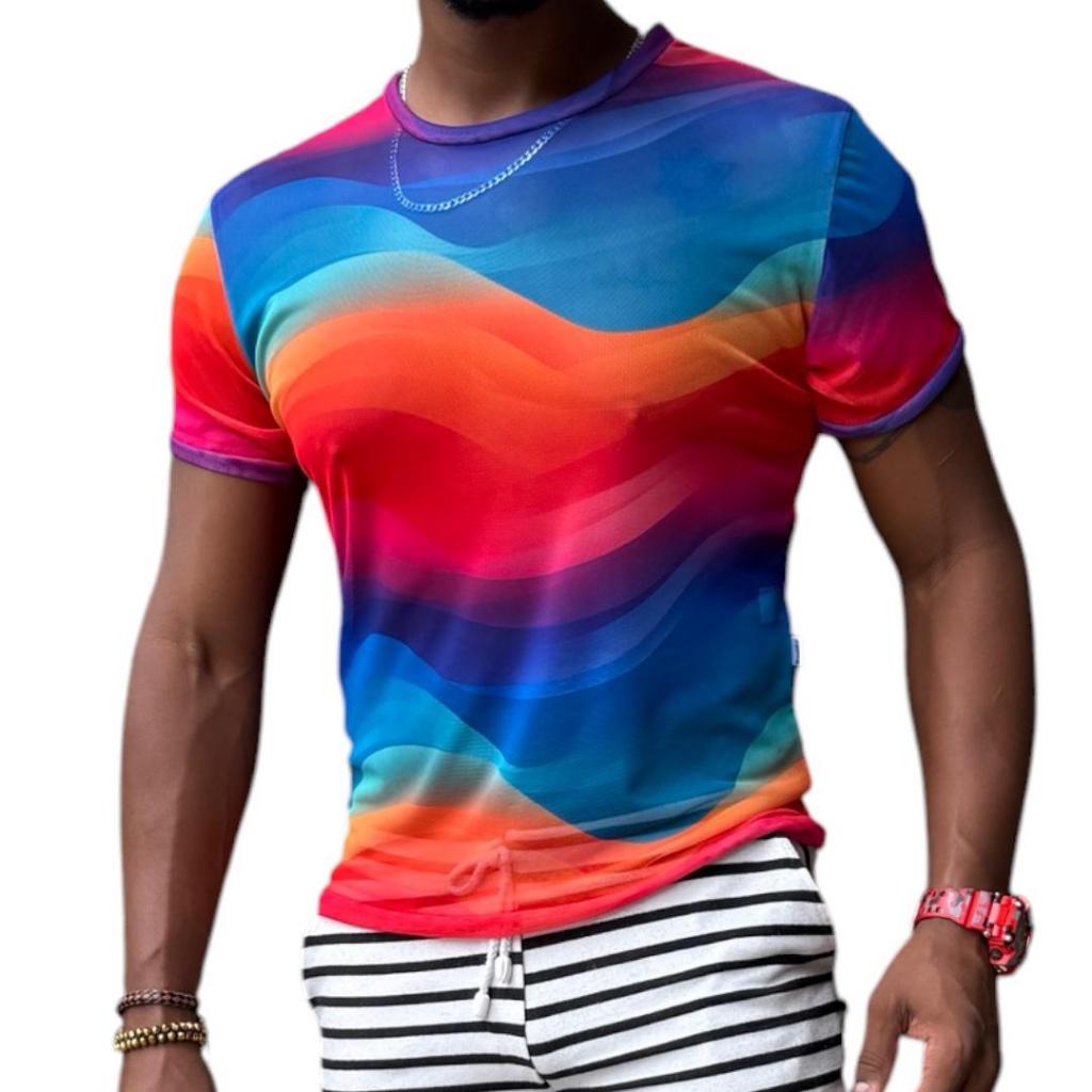 Camiseta Masculina Estampada Colorida Degradê Slim Fit Tecido Leve Confortável
