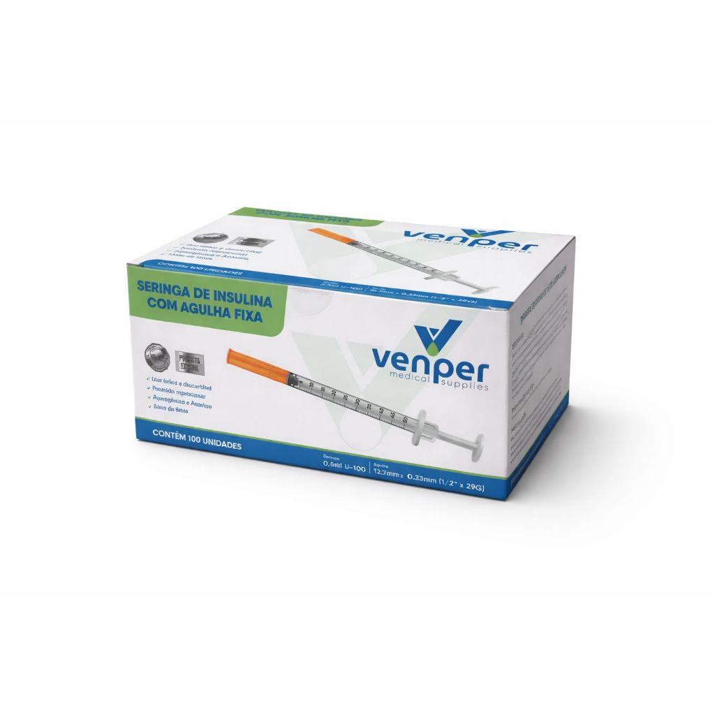 Seringa Venper 0,5ml com Agulha Fixa 6 X 25 - Escala Nítida e Ótima Lubrificação - CAIXA COM 100UN