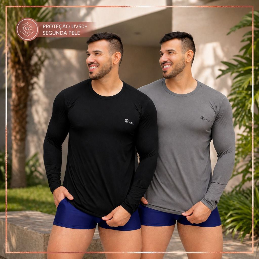 Kit 2 Camisas Térmicas Masculina Proteção UV50+ Segunda Pele Manga Longa Compressão Academia Dry Fit