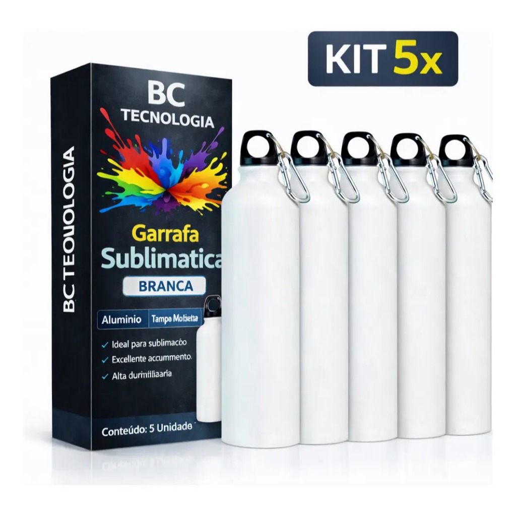 05 Garrafa de Alumínio Branca com Tampa Mosquetão para Sublimação Garrafinha Squeezer 600ml Orca