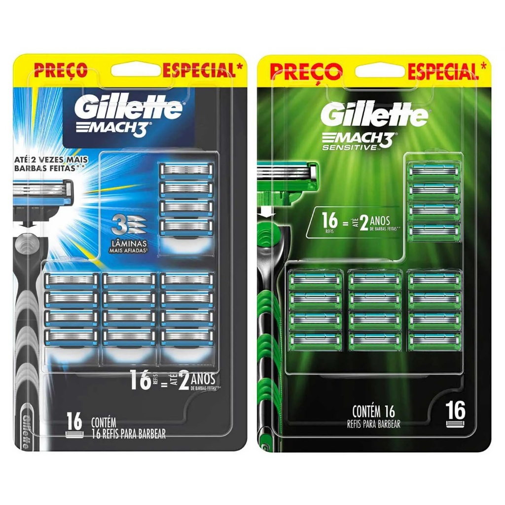 Gilette Mach3 16 u Carga Para Aparelho De Barbear Mach 3 Sensitive Verde Ou Regular Azul Refil Gilete Gillete Gilette