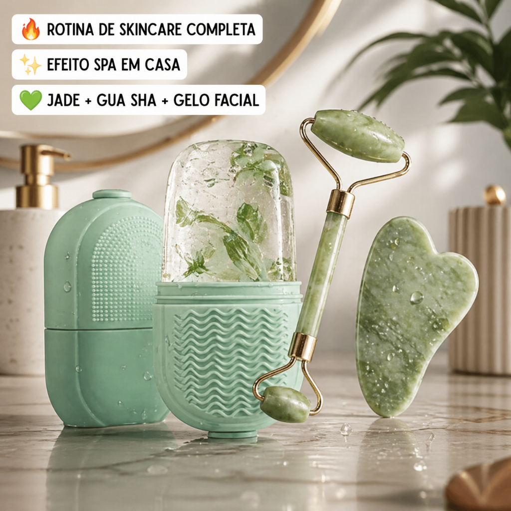 Kit Rolo Pedra De Jade Com Placa Guasha Facial Cor Verde + Forma de Gelo para Limpeza Facial