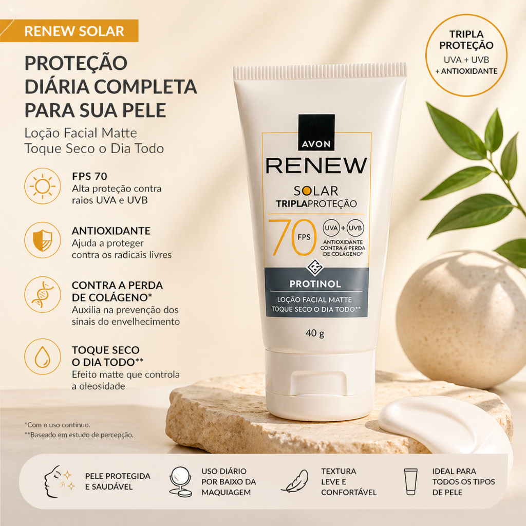 Renew Solar Protinol FPS 70 Avon Protetor Solar Facial Anti-Idade Alta Proteção UVA UVB Firmeza e Hidratação