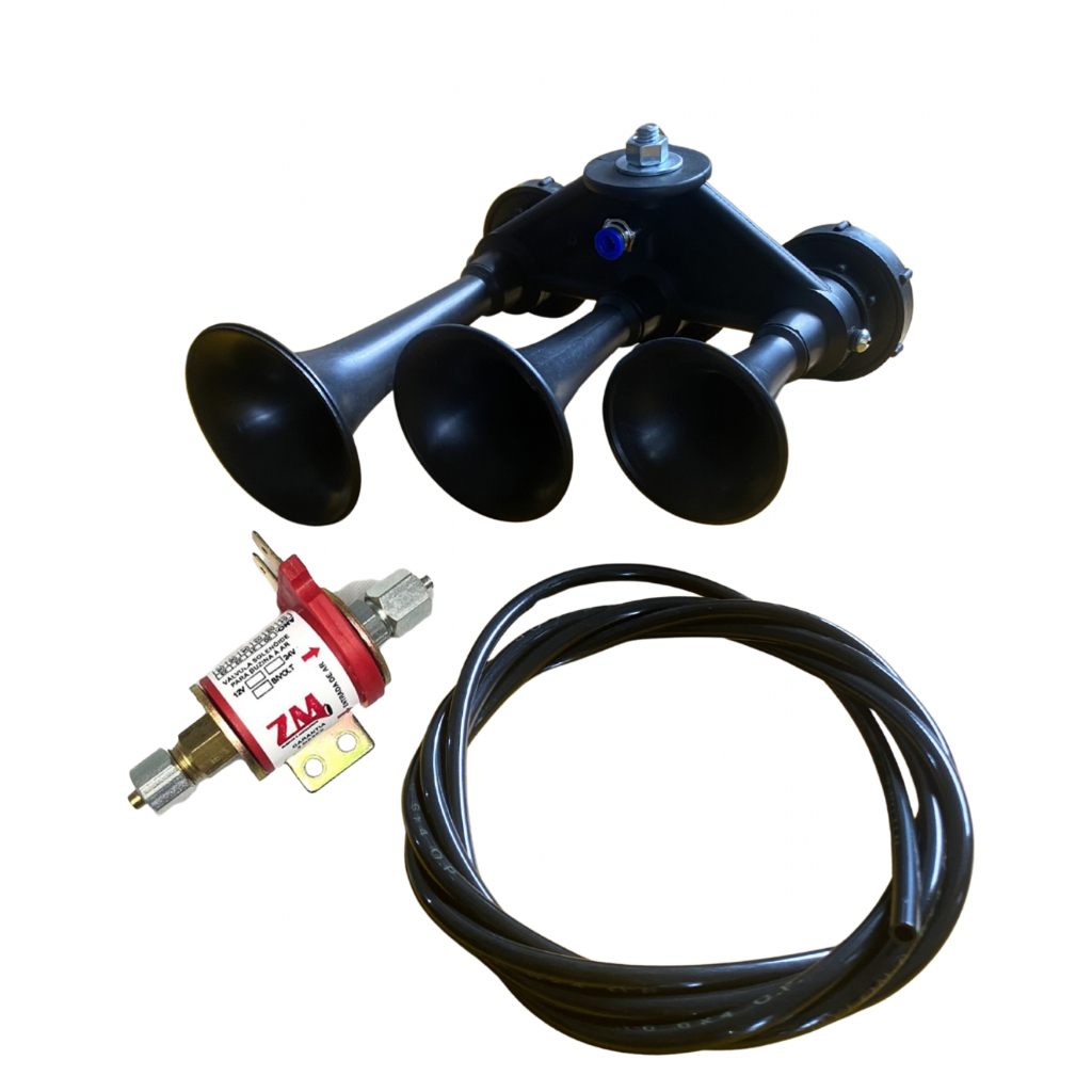 Buzina A Ar 3(tres) Cornetas Verdureiro Para Caminhão Onibus E Veiculos Com Válvula Solenoide 12v.