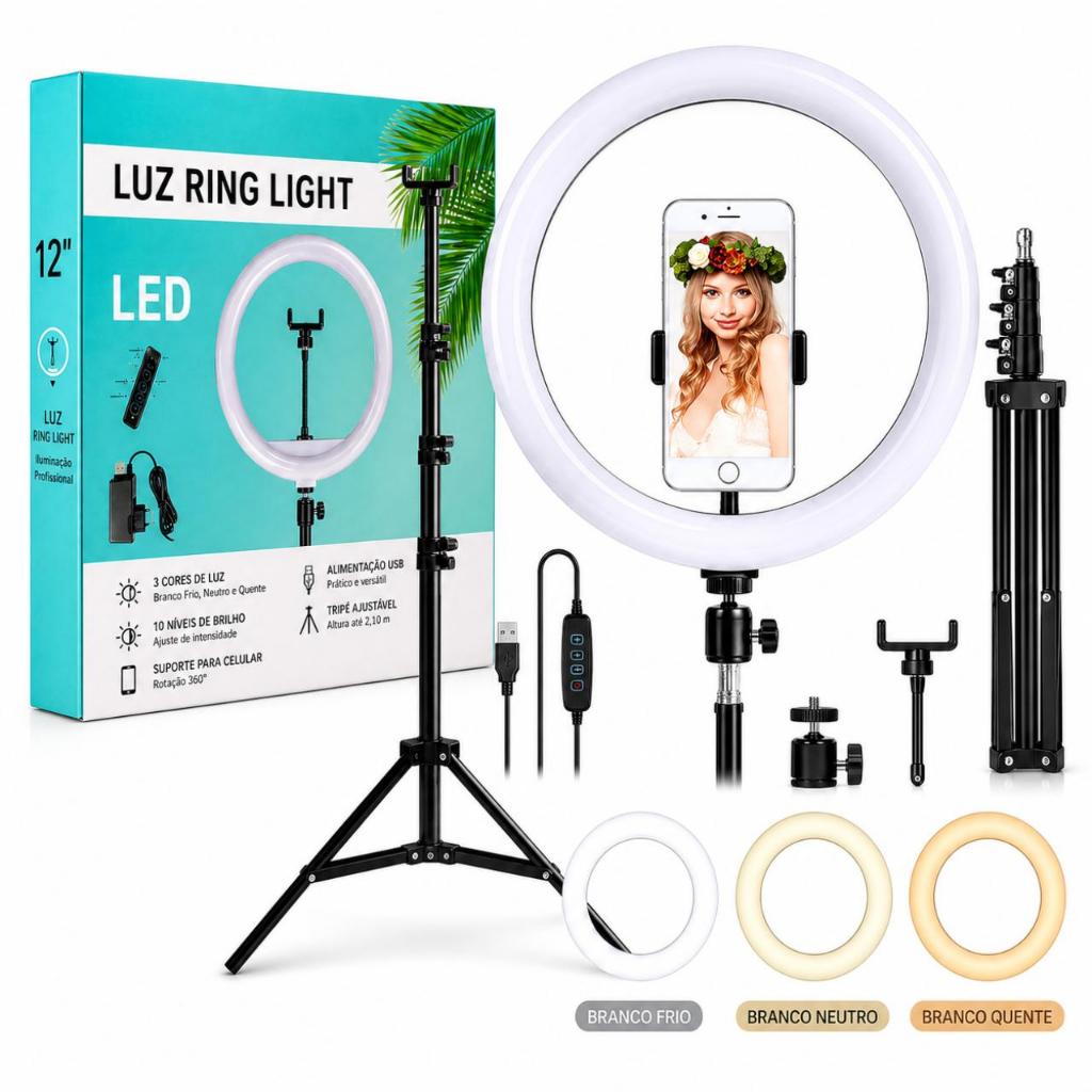 Anel De Luz Led Ring Light 12 Polegadas 30cm Com Tripé 2,1m Suporte Celular USB