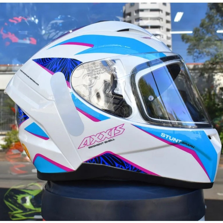 CAPACETE AXXIS SEGMENT FEMININO NOVO STUNT ROSA BRANCO AZUL ORIGINAL C/ VISEIRA CRISTAL + NARIGUEIRA
