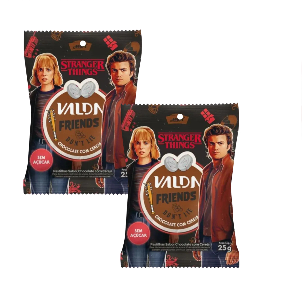 Kit C/2 Pastilhas Valda Stranger Things Friends Sachê Sabor Chocolate com Cereja 25g