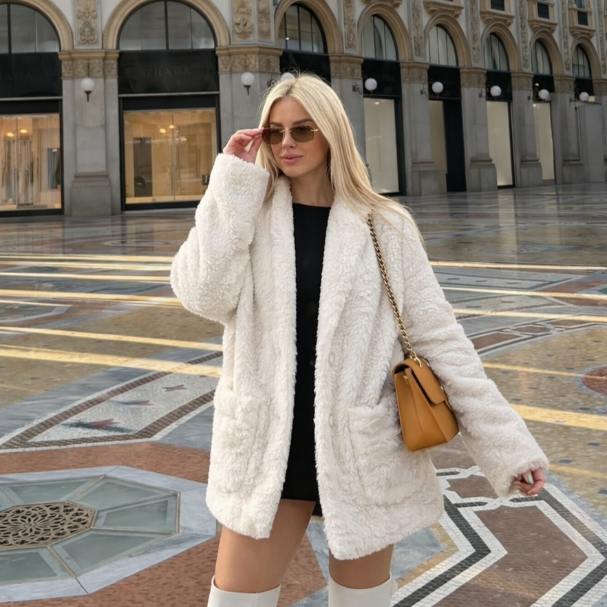Casaco Teddy Feminino Pelinho Premium Inverno Quentinho Com Capuz Bolsos Luxo Moda Sobretudo