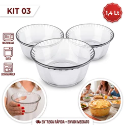 Kit Jogo de 3 Formas de vidro Marinex para Suflê 1,4L Assadeira Nadir
