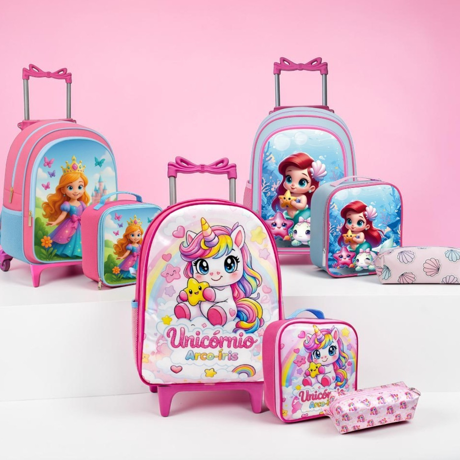 Kit Mochila Rodinhas Infantil Menina 3 Peças Lancheira Térmica Estojo Grande Reforçada