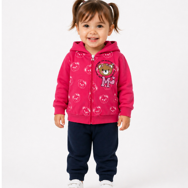 Conjunto Moletom Feminino Inverno Peluciado Zíper Capuz Roupa De Frio Menina Do 1 Ao 3 Casaco+Calça