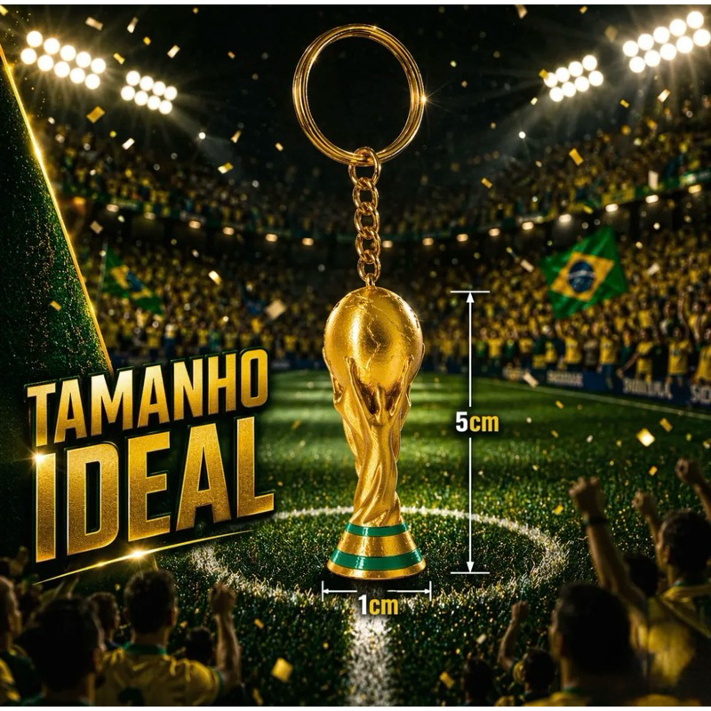 Chaveiro Taça Copa do Mundo 3D – Mini Troféu Dourado Personalizado – Presente Futebol