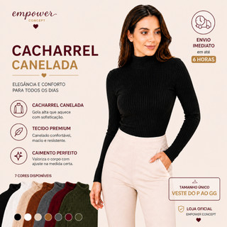 Blusa Canelada Manga Longa Feminina Gola Alta Cacharrel Segunda Pele