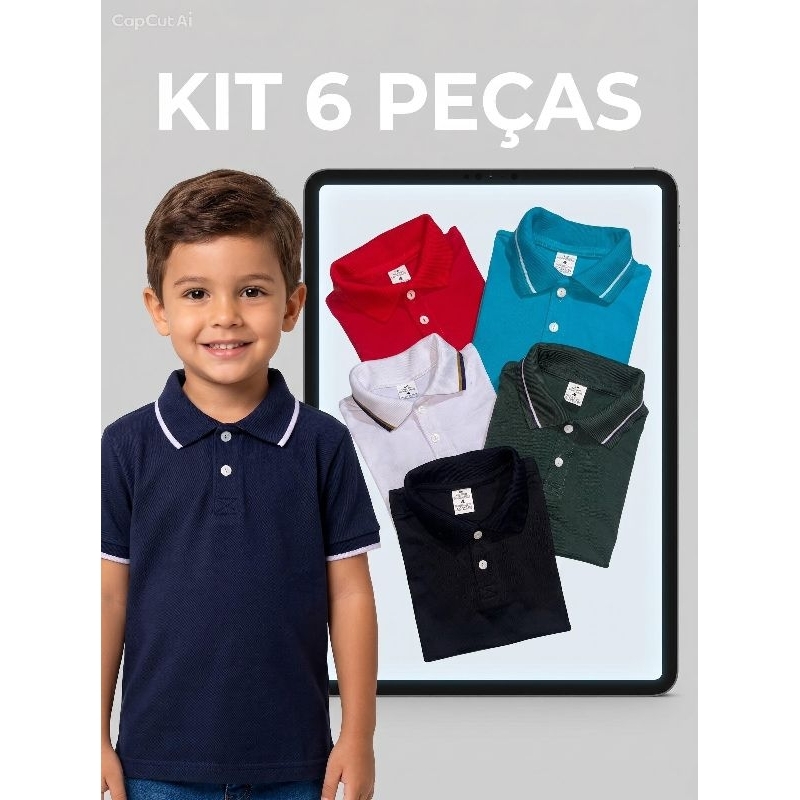 kit 6 peças gola polo infantil juvenil menino lisa,basica  (Sortidas)