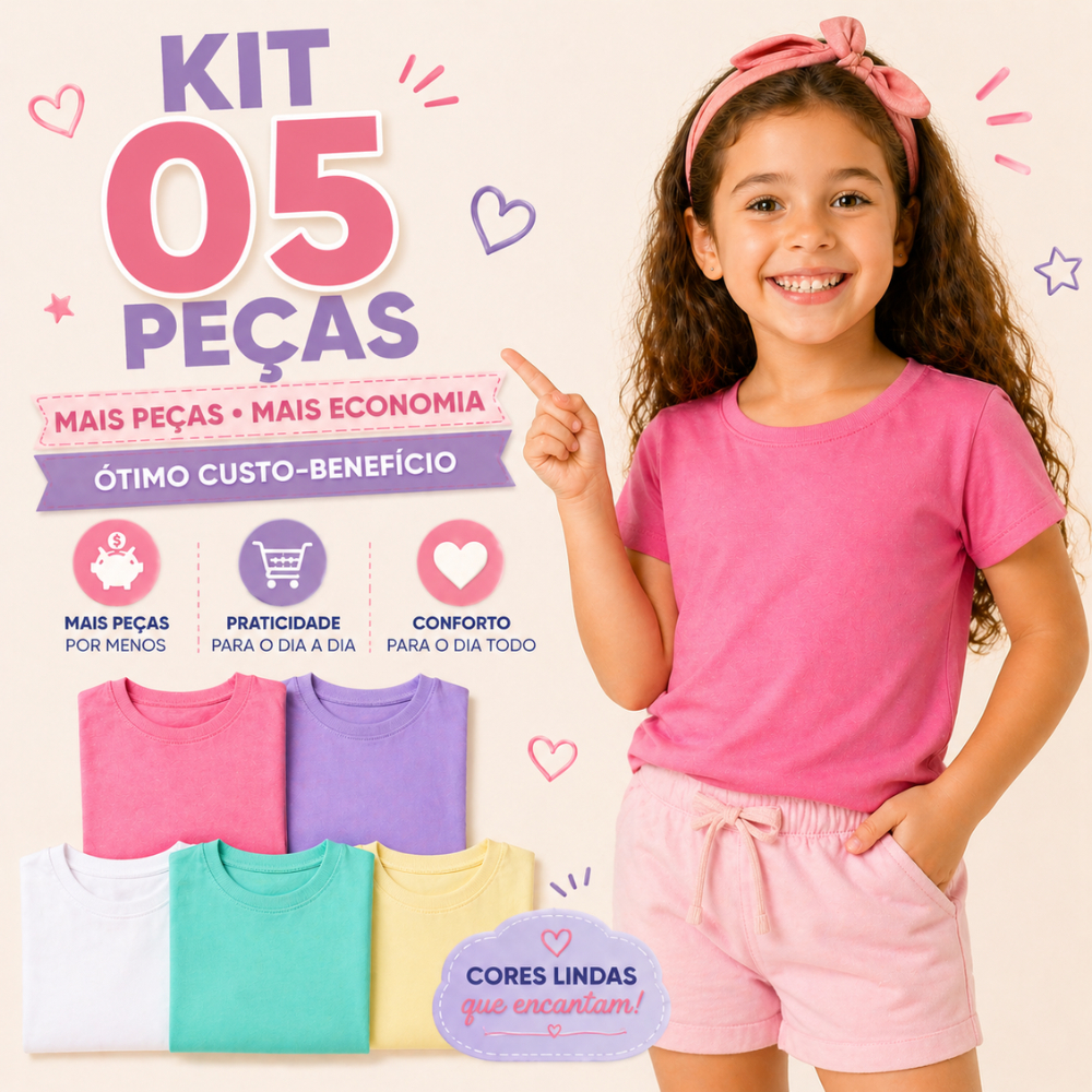 Kit 5 Blusinha Infantil Camiseta de Criança Menina Baby Look Malha Algodão ou Viscolycra Conforto