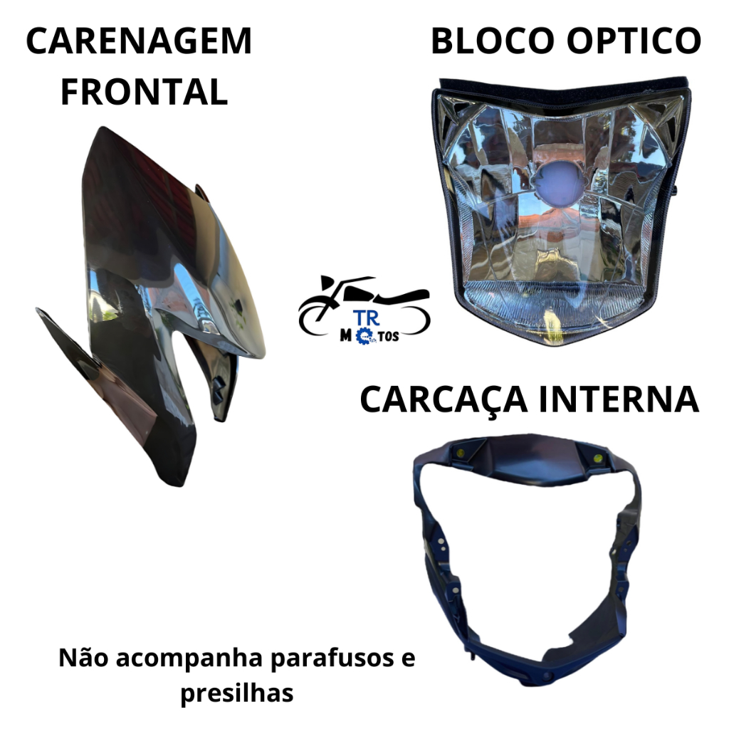 Carenagem Do Farol + Bloco Óptico H4 + Carcaça Interna Moto NXR Bros 150 2013 2014 Preta