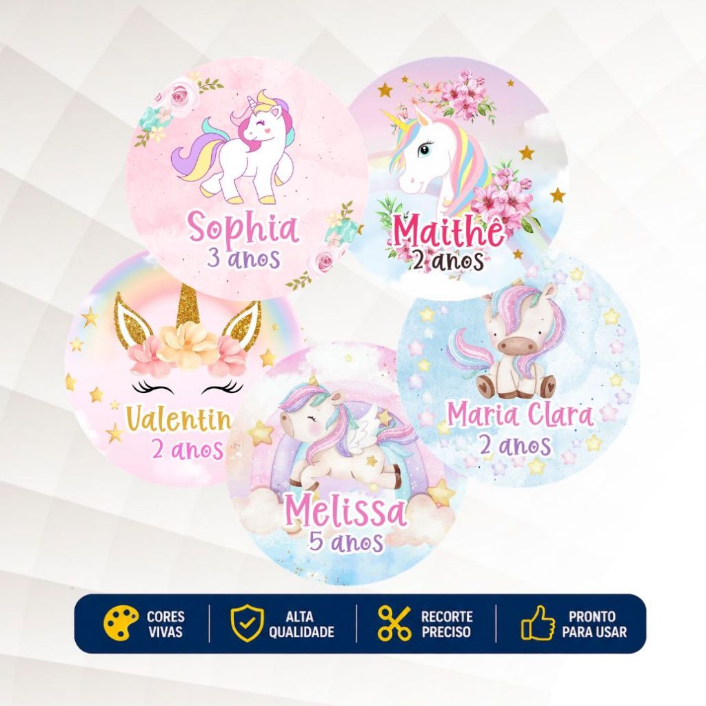 Adesivo Personalizado Aniversário Infantil Unicórnio Infantil 5 e 9 cm – Etiqueta para Lembrancinhas Festa