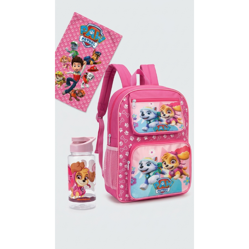 Mochila Feminina Escolar Infantil Patrulha Canina Kit com Squeeze Toalhinha