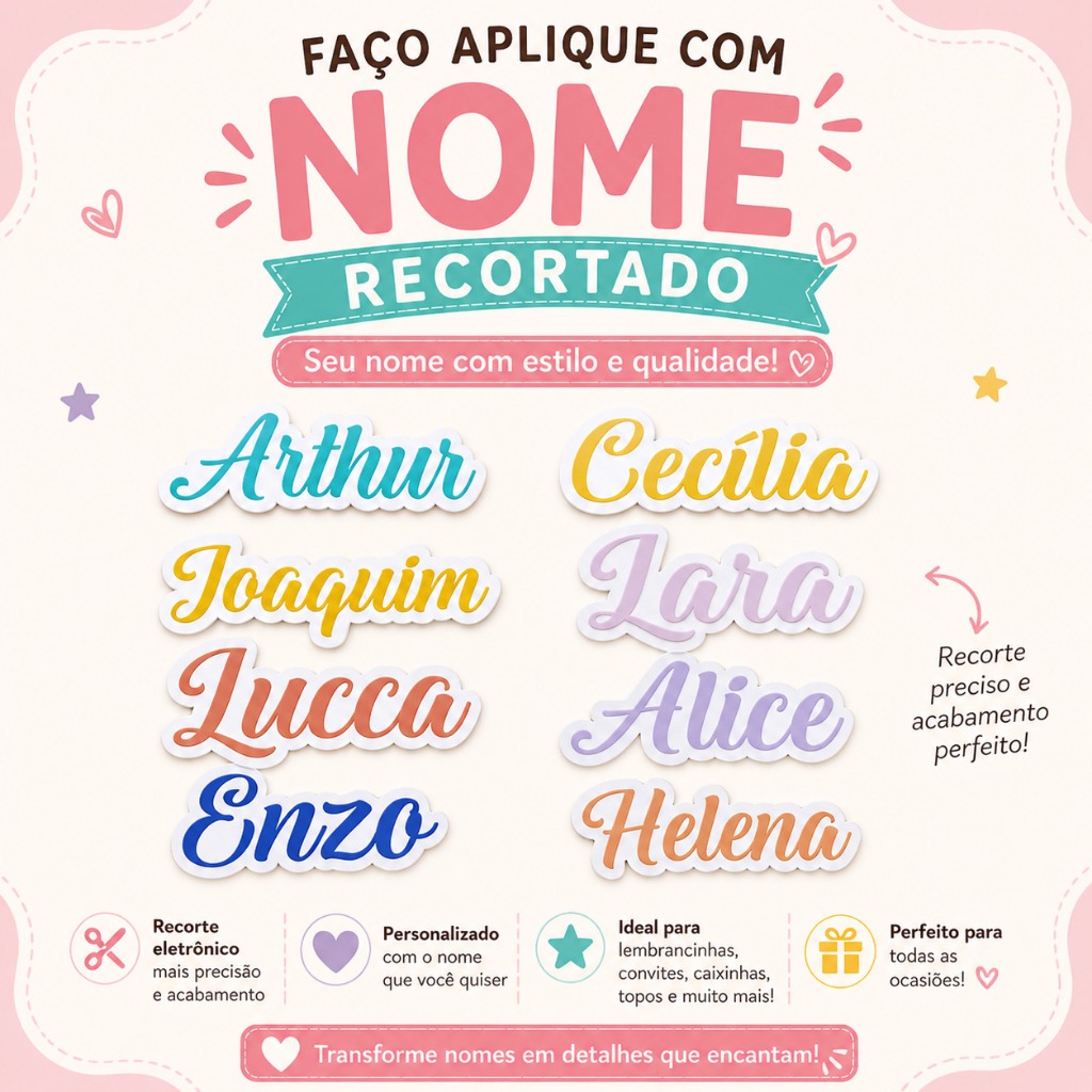 Aplique com Nome Recortado Sob Medida | Papelaria Personalizada ideal pra caixinhas de festa