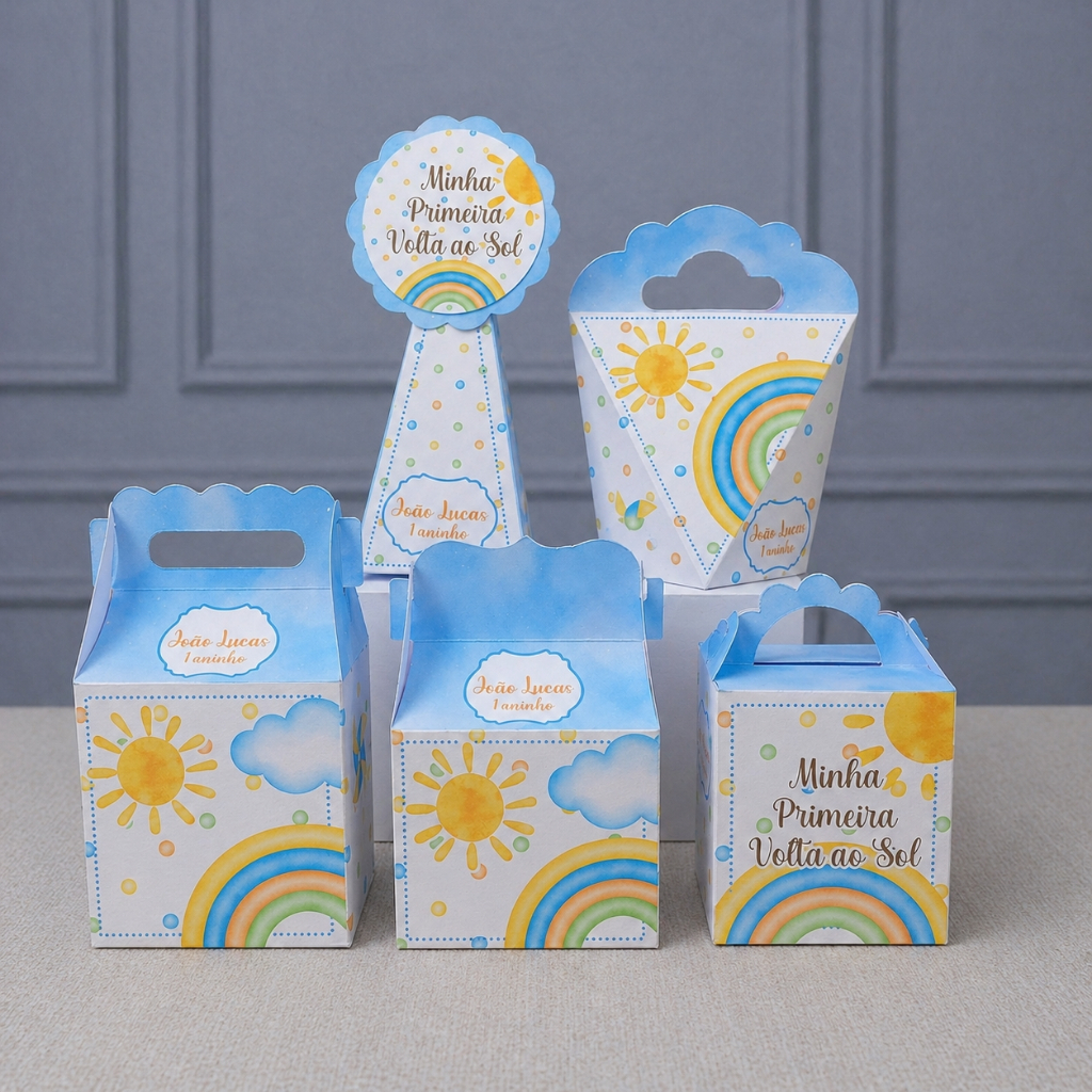 Kit Caixinhas Papelaria Personalizada Minha Primeira Volta ao Sol Lembrancinha Surpresa aniversário infantil Desmontado