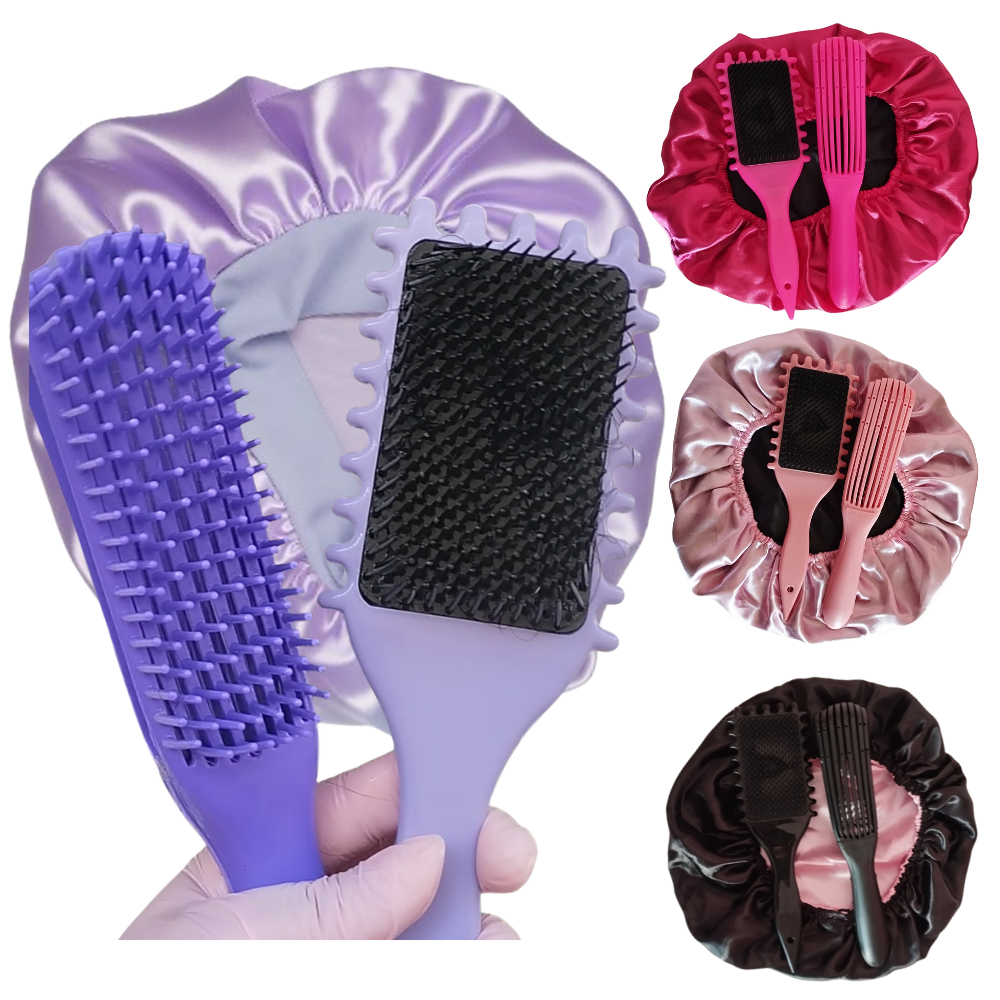 Kit Escova Polvo + Escova Ondas + Touca de cetim Antifrizz Fitagem e Definição de cabelos cacheados
