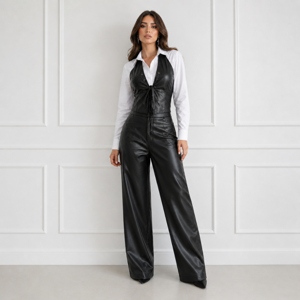 Conjunto 3 Peças Couro Cropped Ilhós Calça Wide Leg Camisa Social Country Rodeio