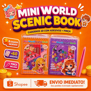 Caderno Mini World Livro 3D com Adesivos + Pinça 8 Cenarios