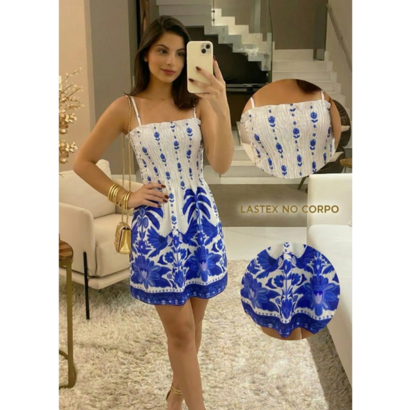 Vestido Feminino Curto Estampado Com Alça De Regulagem e Elastex