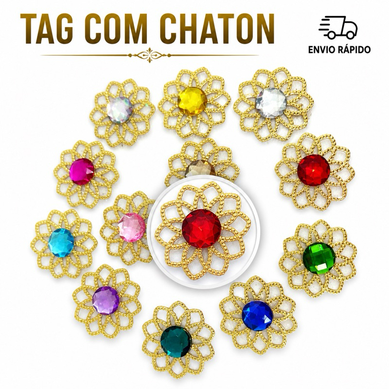 Kit Tag Metal Dourada Rendada + Chaton 12mm Redondo - 25 e 50 Unidades para Artesanato
