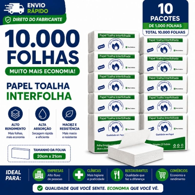 Papel Toalha Interfolha 10.000 Folhas 20x21cm Alto Rendimento Alta Absorção Econômico Profissional