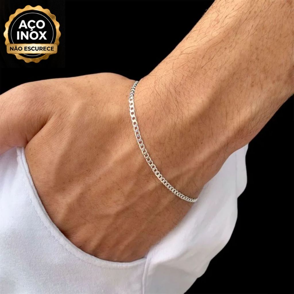 Pulseira Masculina Grumet 20cm Fininha Aço Inox Prata Brilhante 2mm Não Escurece