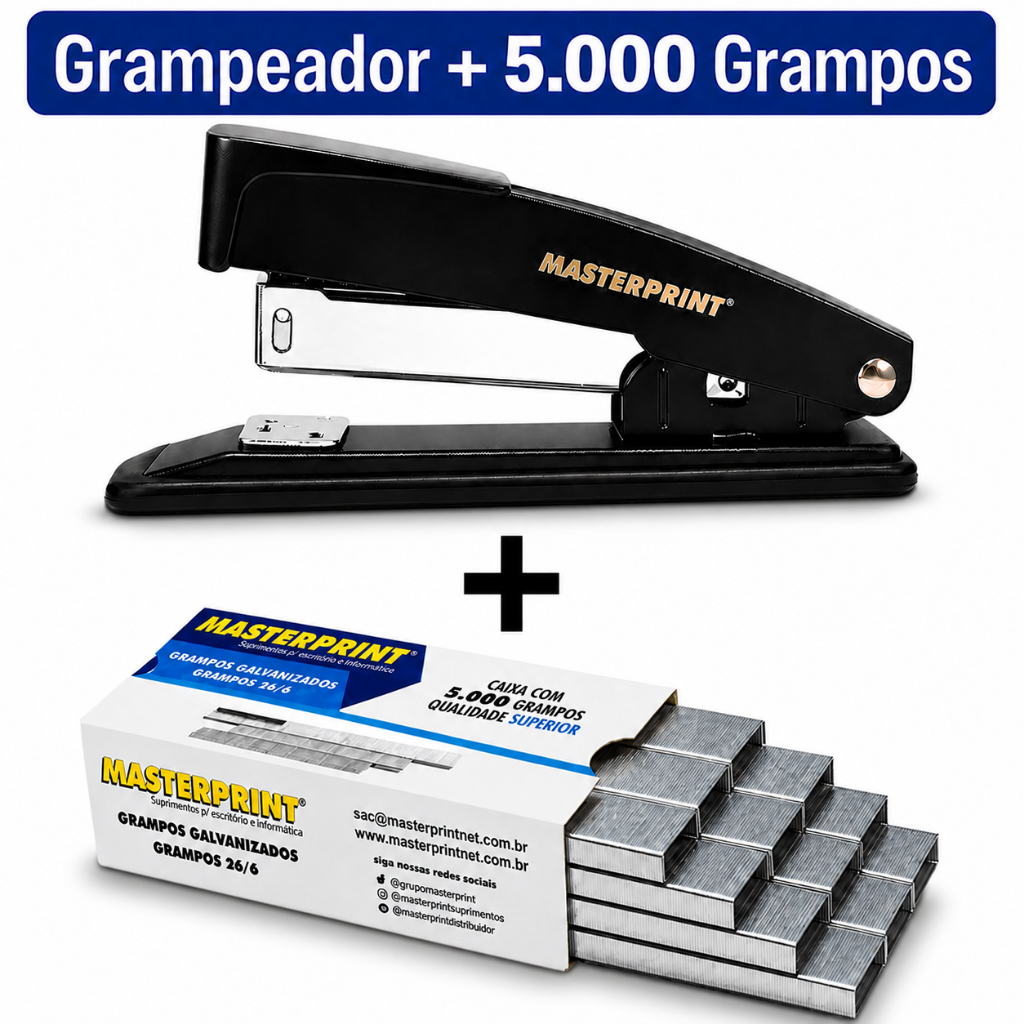 Kit Grampeador Metal + 5.000 Grampos 26/6 Galvanizados Escolar Escritório MASTERPRINT