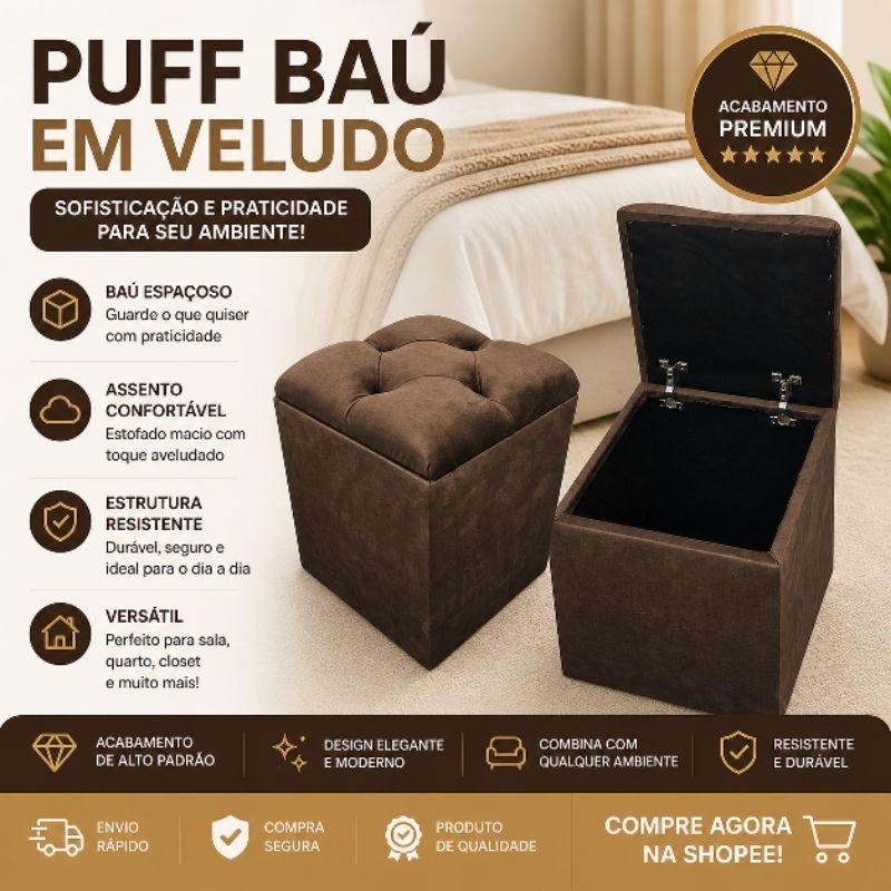 Puff Baú no suede cor Marrom 100% em MADEIRA decorativo para penteadeira, cesto de roupa, sala, mesa de cabeceira..