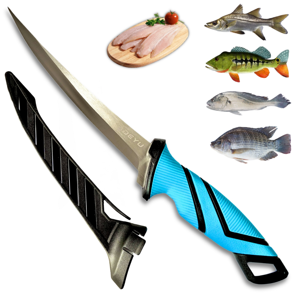 Faca File Peixe Lamina Inox Premium Fileteira Cabo Emborrahco Bainha Robalo Tucunaré Corvina Pescada