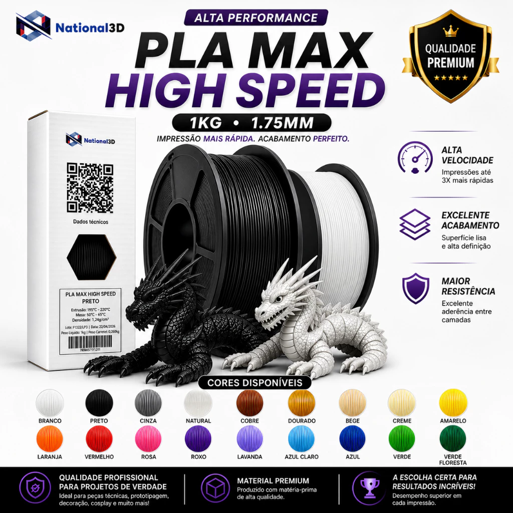 Filamento PLA Premium Hyper Speed 1Kg 1.75mm Impressão 3D Alta Qualidade Profissional Varias Cores
