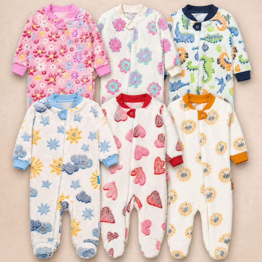 Macacão Fleece Bebê Estampado Zíper Solinha Antiderrapante Até 24m