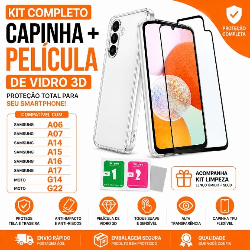 Samsung Galaxy A06 A07 A14 A15 A16 A17 Capinha Transparente TPU + Película de Vidro 3D Kit Proteção Antichoque Premium