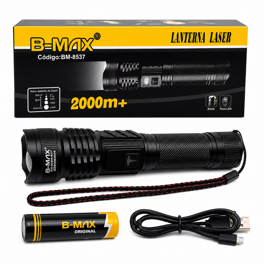 Lanterna Tática LED super potente 2km sabre de Luz alcança 2000 metros B-max recarregável sitio edc caça