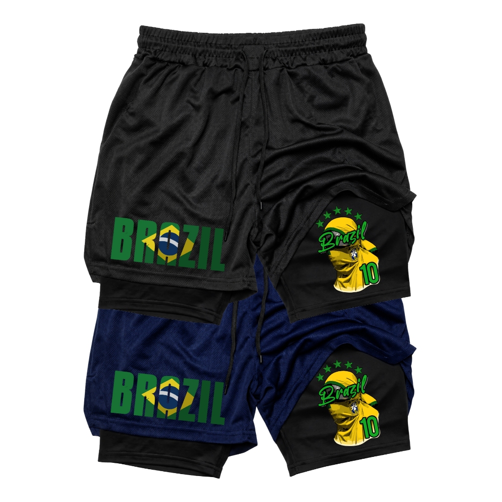 Kit 2 Short's Masculino 2 em 1 Dry Fit Brazil 10 – Treino Academia Corrida Fitness Estilo Copa do Mundo