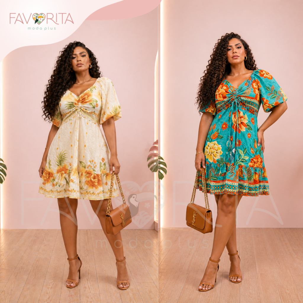 Vestido Curto Franzido com Manga Estampa Tropical Plus Size Verão Inspiração
