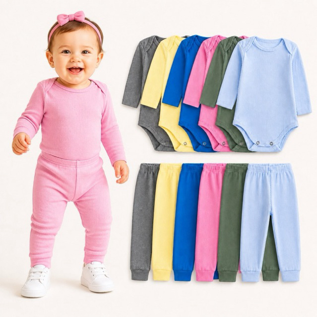 Body Canelado Menina Bebê - 6 Peças - Conjunto Ribana Canelado Body + Calça Mijão Pagão / 3 Conjuntos